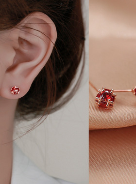 s925银红色石榴锆石耳钉女2024新款潮小众简约小巧复古中国风耳环
