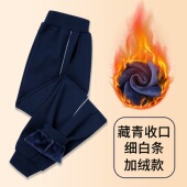 冬二条杠初中小学生儿童深蓝校裤 校服裤 子纯棉不倒绒藏青色束脚裤