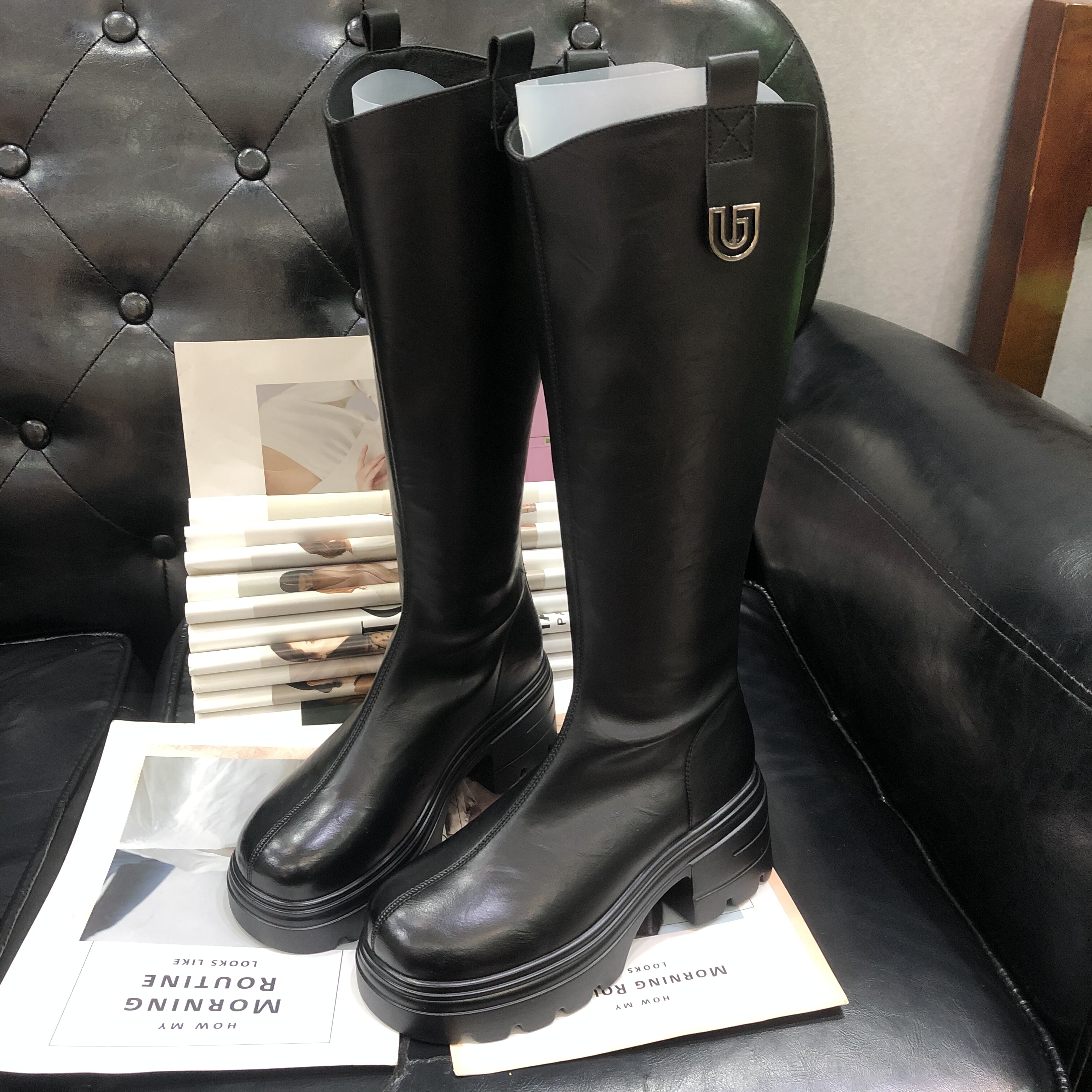 小个子不过膝长靴2025新款时尚加绒长筒靴厚底靴子高筒保暖骑士靴