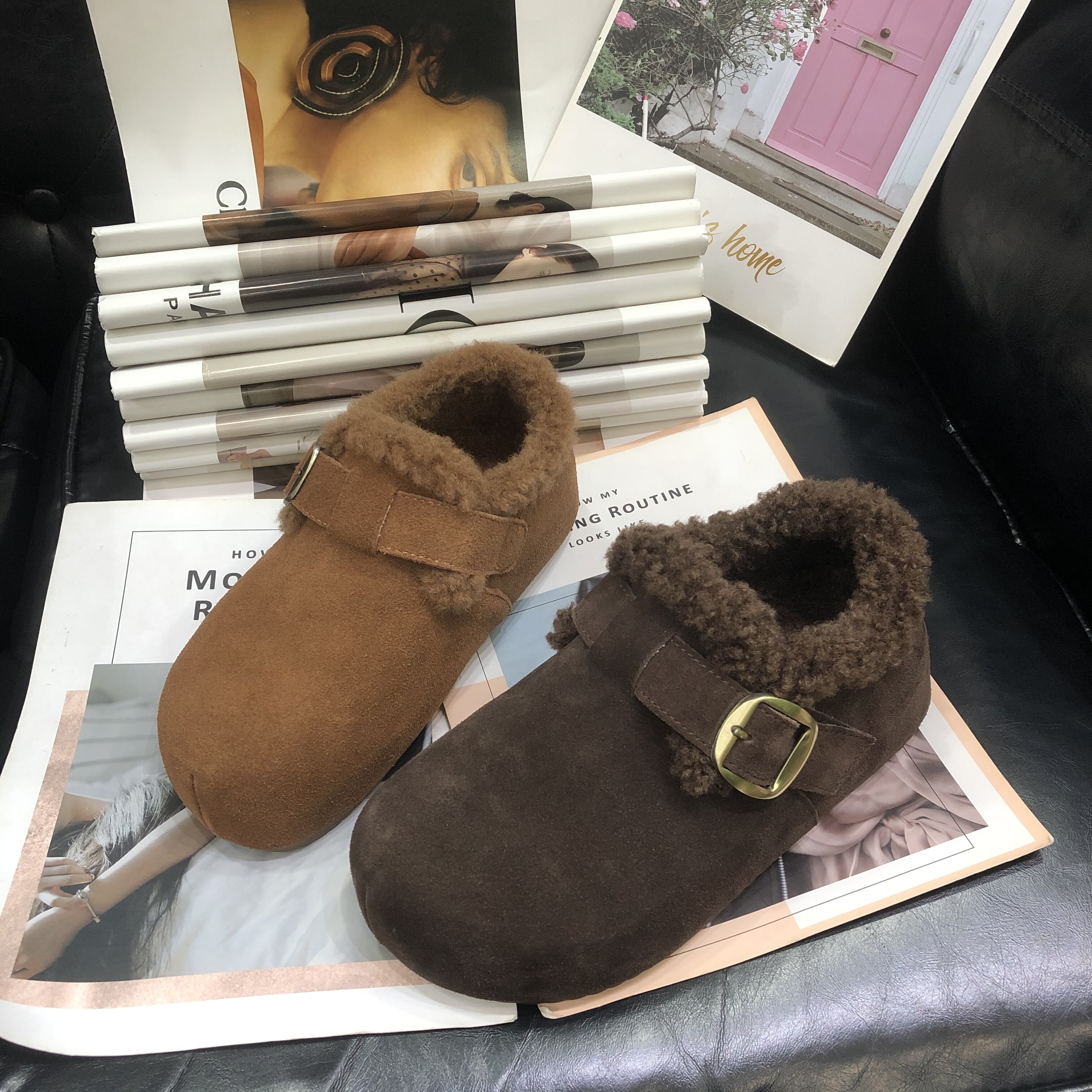 真皮羊毛加绒勃肯鞋女2025新款时尚圆头厚底加厚保暖内增高棉鞋潮