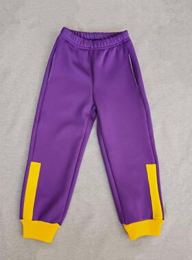 定做春秋冬男女校裤同款运动裤紫色拼亮黄色宽条休闲运动裤子