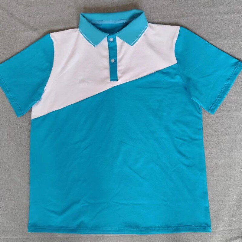 定做夏季男女校服同款短袖 湖蓝色拼接白色上衣T恤衫POLO衫半袖