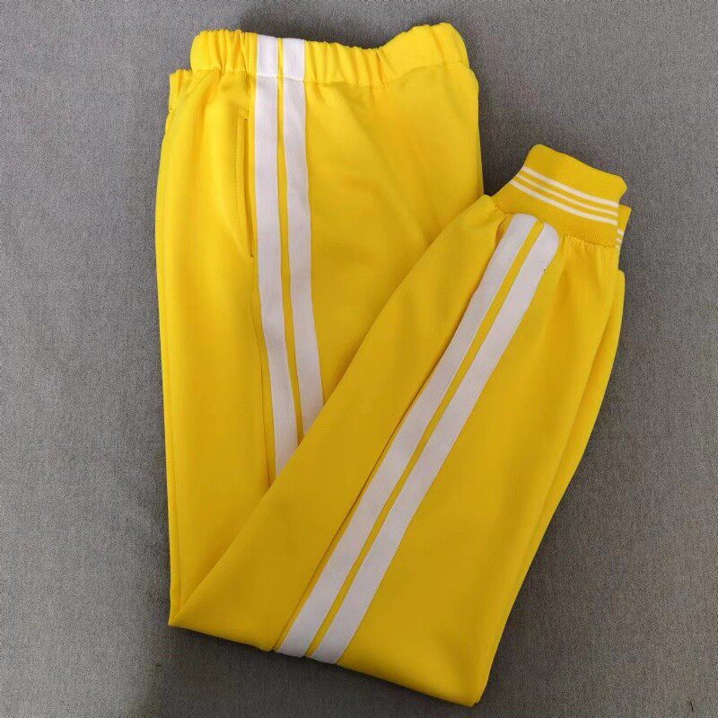 定做春秋冬男女校裤同款运动裤柠檬黄色拼接白色宽条运动加绒长裤