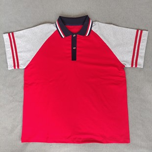 定做夏季男女校服同款短袖大红色拼接浅灰色插肩袖翻领POLO衫上衣