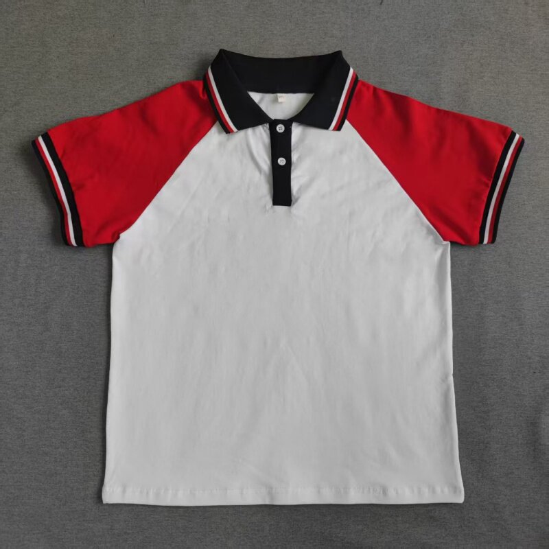 定做夏季男女校服同款运动短袖白色拼大红翻领休闲T恤POLO衫半袖