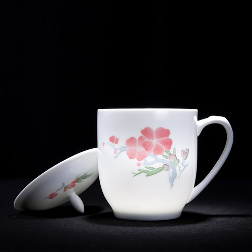釉下彩手绘陶瓷茶杯毛瓷杯薄带盖中式办公会议杯500毫升单杯礼品 - 封面