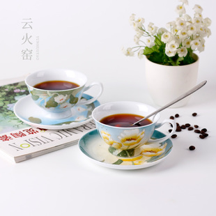 云火窑釉下手绘咖啡杯碟拿铁杯套装下午茶杯具欧式实用陶瓷杯送礼