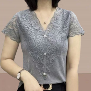 今年流行 ins潮 洋气蕾丝拼接短袖 t恤女小个子时髦上衣显瘦妈妈装