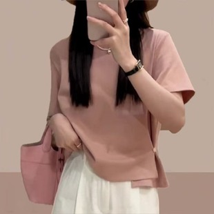 纯棉正肩短袖 今年流行 T恤女纯棉小个子设计感侧边抽褶上衣ins潮