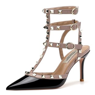 三环铆钉高跟鞋女2025夏欧美V家柳钉绑带包头高跟羊皮尖头凉鞋ins