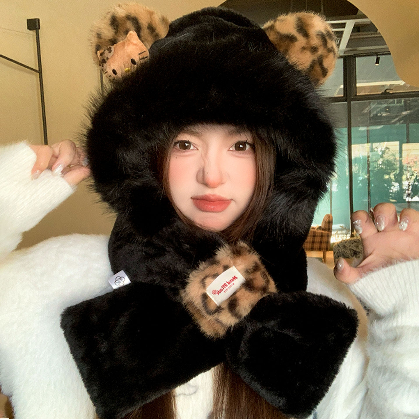Kitty猫豹纹熊耳毛绒帽子
