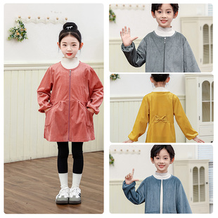 单层灯芯绒男女童羽绒服罩衣宝宝吃饭画画护衣儿童长袖拉链款罩衫