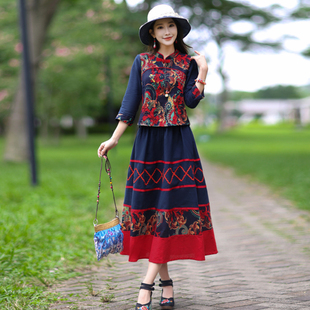 中国风套装女春夏秋妈妈时尚年轻款大码民族风印花棉麻上衣半身裙