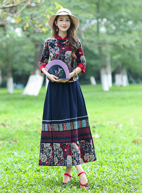 中国风春夏秋复古唐装棉麻茶服民族风大码女装改良旗袍上衣套装裙