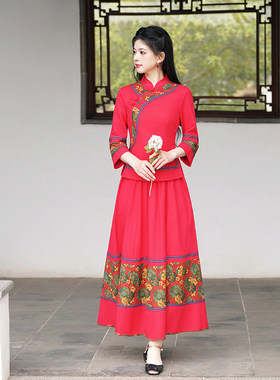 中国风盘扣旗袍汉服棉麻套装女