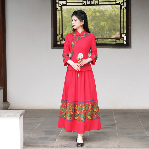 中国风盘扣旗袍汉服棉麻套装女