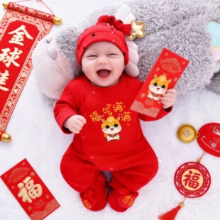 马宝宝满月衣服春秋百天红色婴儿连体衣夏季薄款女新生儿夏季男孩