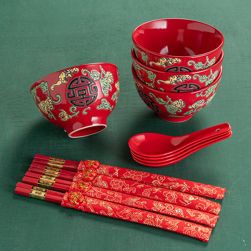 中式红色陶瓷结婚吃饭碗情侣对碗婚庆嫁妆礼物伴娘礼品碗筷勺套装