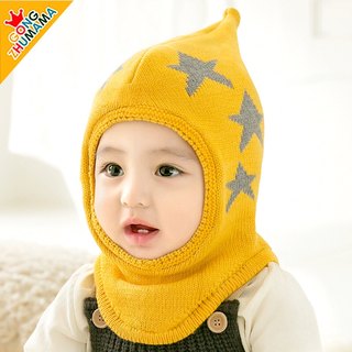 婴儿冬季宝宝毛线加绒毛线帽0-1-2岁男女童连体护脖帽子围巾一体