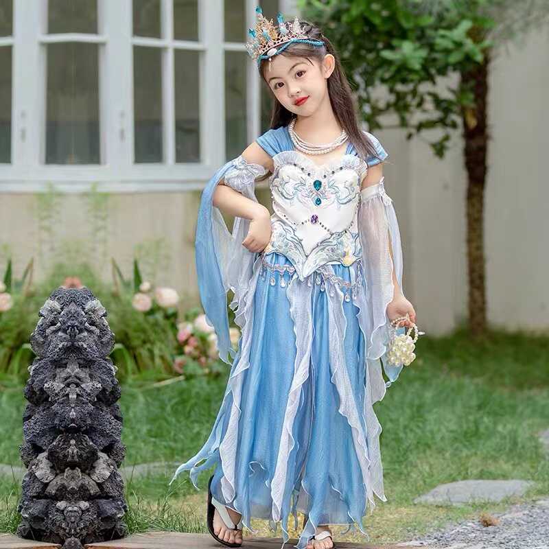 西域风情儿童美人鱼公主裙汉服女童人鱼姬鱼尾仙女裙无袖礼服套装