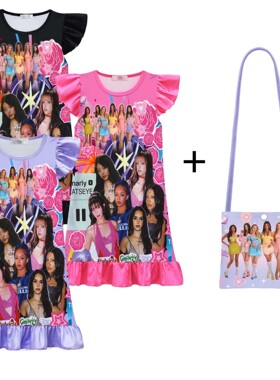 新款外贸KATSEYE数码印花睡衣裙女童飞飞袖连衣裙+包包82614