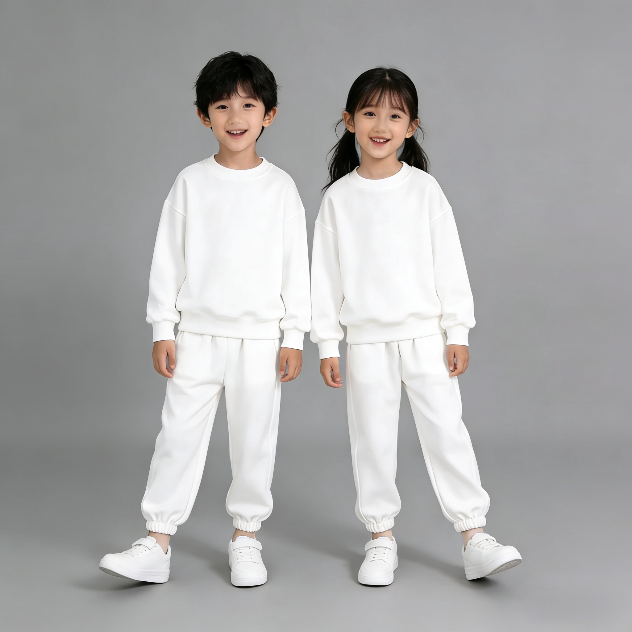 儿童白色加绒圆领卫衣套装初高中生学生运动会班服男童女童二件套