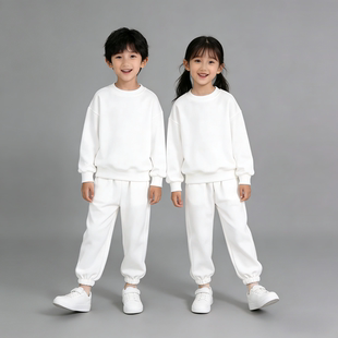 儿童白色加绒圆领卫衣套装初高中生学生运动会班服男童女童二件套