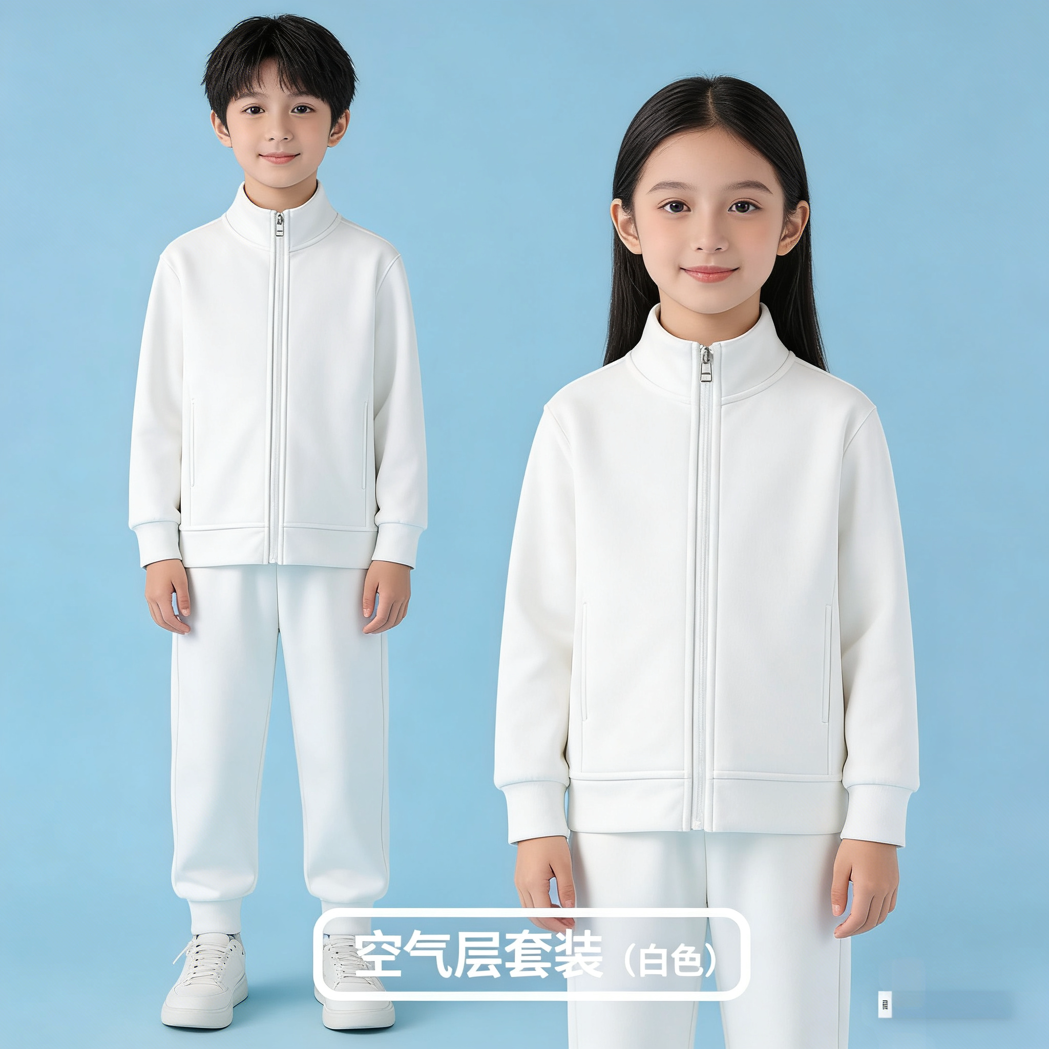 儿童连帽白色运动二件套春秋新款中大童男童女童休闲学生外套套装