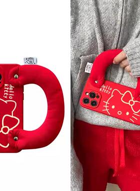 可爱KT猫手提腕带适用opporeno12/9/8/4手机壳k11k10x可爱A3pro网红超火findx7/6/5R15r17充棉A72A58a97A1A2m