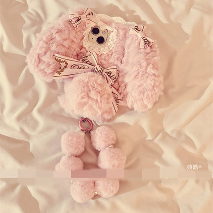 适用三星s25s24s23s22s21U手机壳note10+毛绒茸蕾丝兔耳朵s20fe可拎s8毛球链s9网红超火s10新A53a72A55a42A71