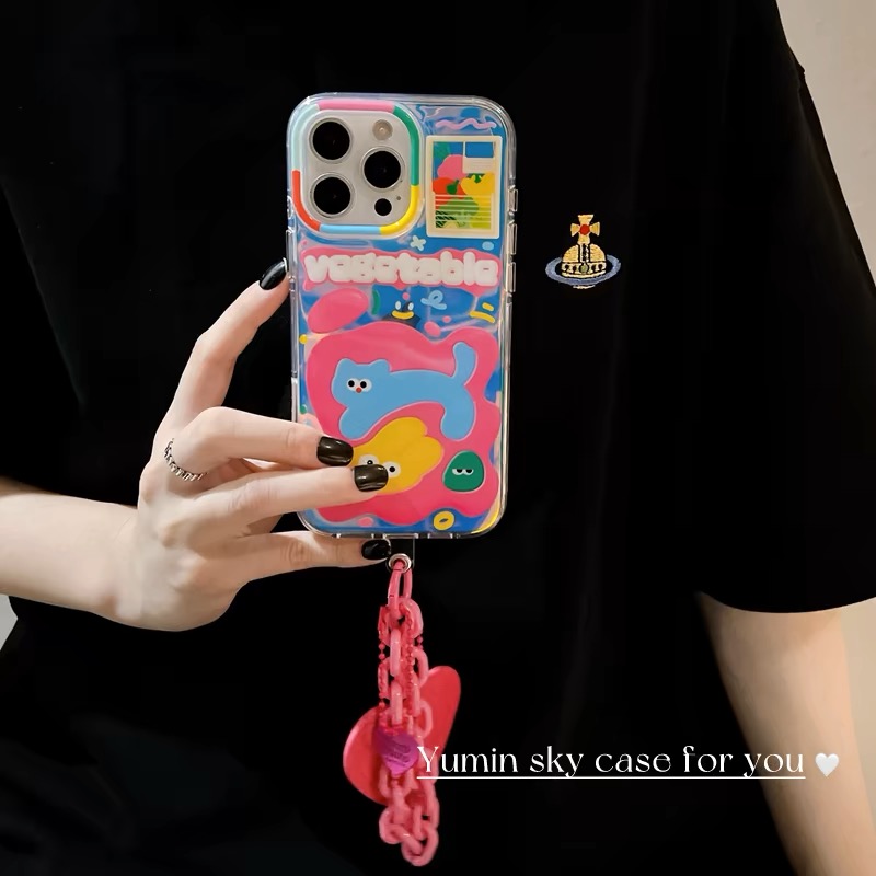 适用iPhone16手机壳15/14/13/12苹果x涂鸦卡通蔬菜猫咪11pro链条i6/7/8小众高级xr网红超火max新5s保护套外壳