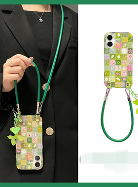 适用三星s25s24s23s22s21U手机壳note10+绿宫格花朵兔子s20fe小狗挂件s8s9可背斜挎s10手绳A53a72A55新a42A71