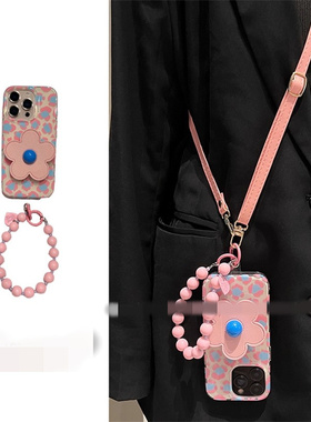 适用三星s25s24s23s22s21U手机壳note10+粉蓝豹纹s20fe花朵支架s8s9可背斜挎s10链条A53a72A55新a42A71少女心