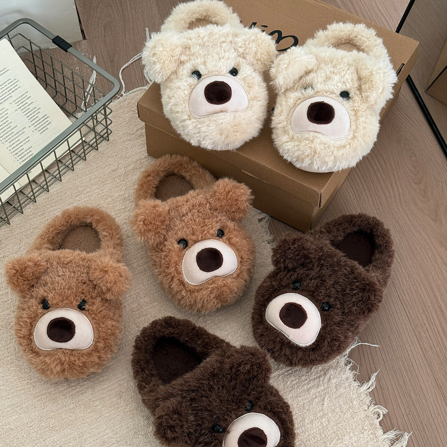 南波万可爱小熊棉拖鞋女秋冬季保暖居家室内加绒加厚防滑卡通棉拖