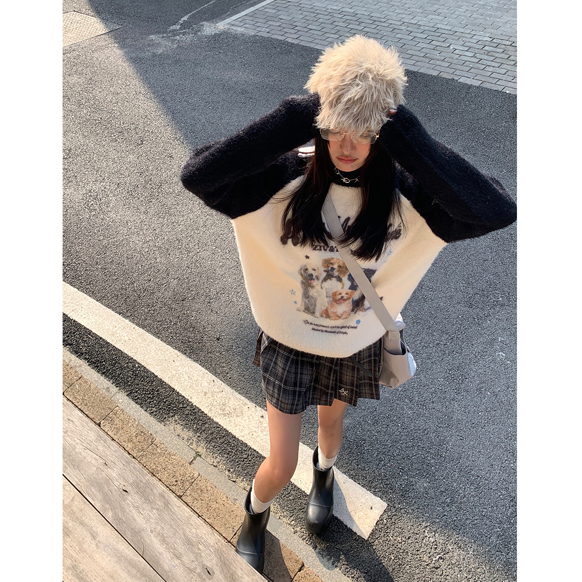 A372-S168-P85 Zimní nový ležérní kontrastní svetr s raglánovými rukávy pro páry, střih psů, kontrola 108_voghion.com