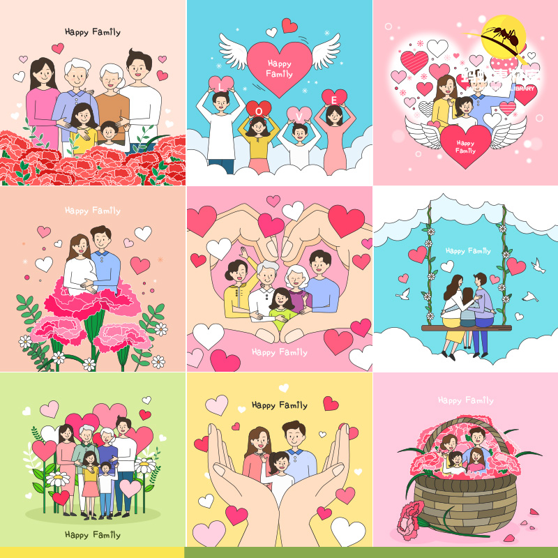 韩国温馨幸福和谐家庭全家福一家卡通人物亲子插画ai矢量设计素材