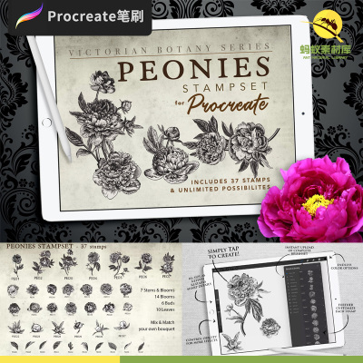 复古刺青纹身花草牡丹图案线稿Procreate笔刷触iPad绘画设计素材