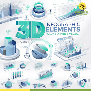 3D矢量立体分析PPT商务数据图形标签图形饼状图表折线柱状图素材