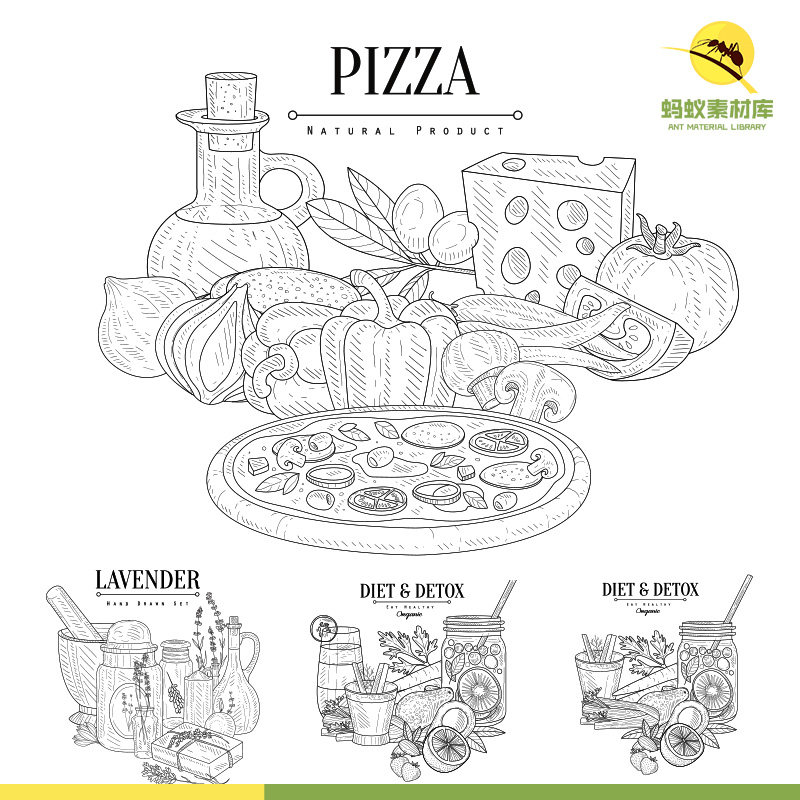 手绘食物烧烤面包茶饮料pizza面咖啡spa线稿速写餐牌矢量设计素材