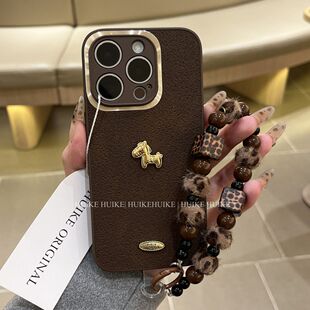 半糖壳野ins马年复古小金马棕色适用iPhone17promax手机壳苹果16pro腕带15防摔14pro新款13防摔17保护套