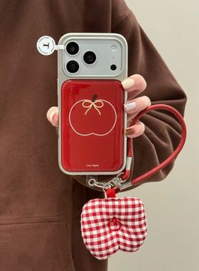 半糖壳野ins韩风简约红色线条苹果苹果17pormax手机壳iPhone16pro腕带15防摔14pro新款13防摔17保护套