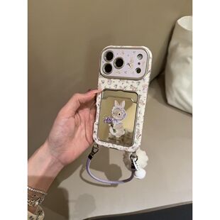 半糖壳野ins紫色碎花头巾小兔卡包适用iPhone17promax手机壳苹果16pro腕带15防摔14pro新款13防摔17保护套
