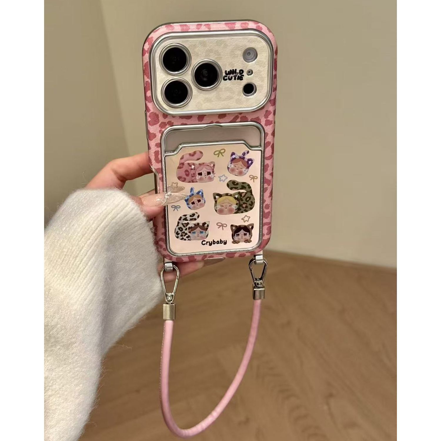 粉色豹纹哭娃卡包手机壳