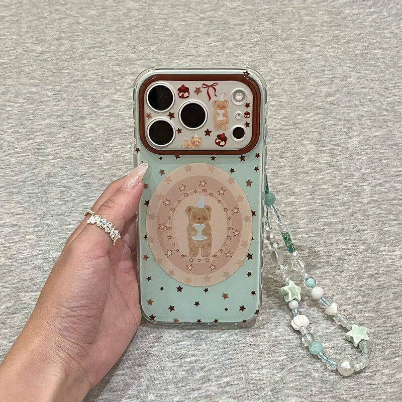 半糖壳野ins薄荷绿棕星长帽子小熊适用iPhone17promax手机壳苹果16pro腕带15防摔14pro新款13防摔