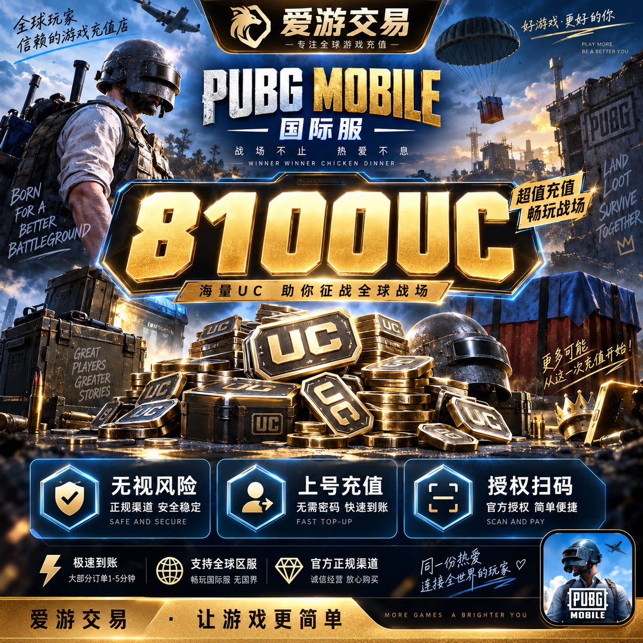 【无视风险】刺激战场国际服PUBG 8100UC储值 吃鸡上号充值代充
