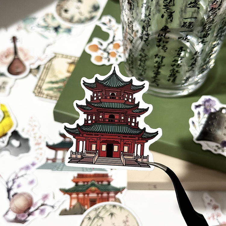 62张古代建筑物植物花卉国风素材贴纸高颜值中国风装饰手账贴画