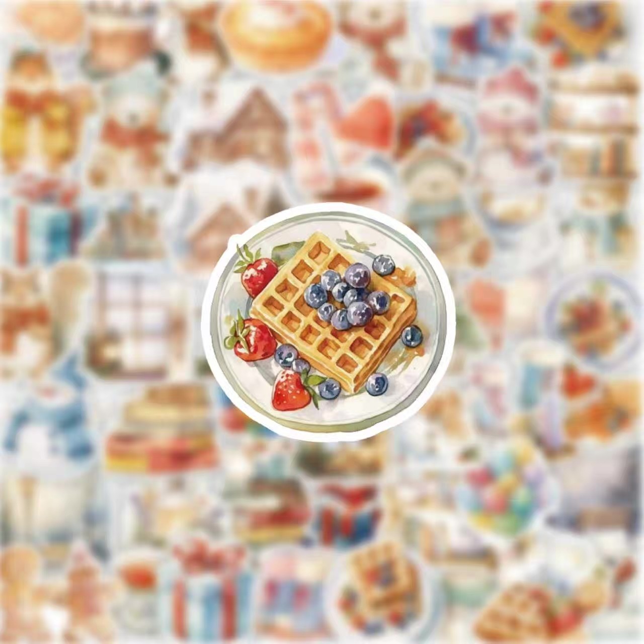110张温暖冬日水彩食物华夫饼草莓贴纸可爱卡通装饰贴画手账素材