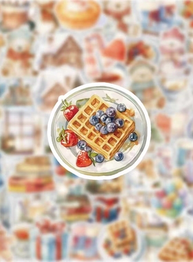 110张温暖冬日水彩食物华夫饼草莓贴纸可爱卡通装饰贴画手账素材