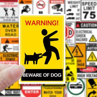 新款警告提示贴纸 Beware of Dog狗狗小心标识贴黄色警示贴100张