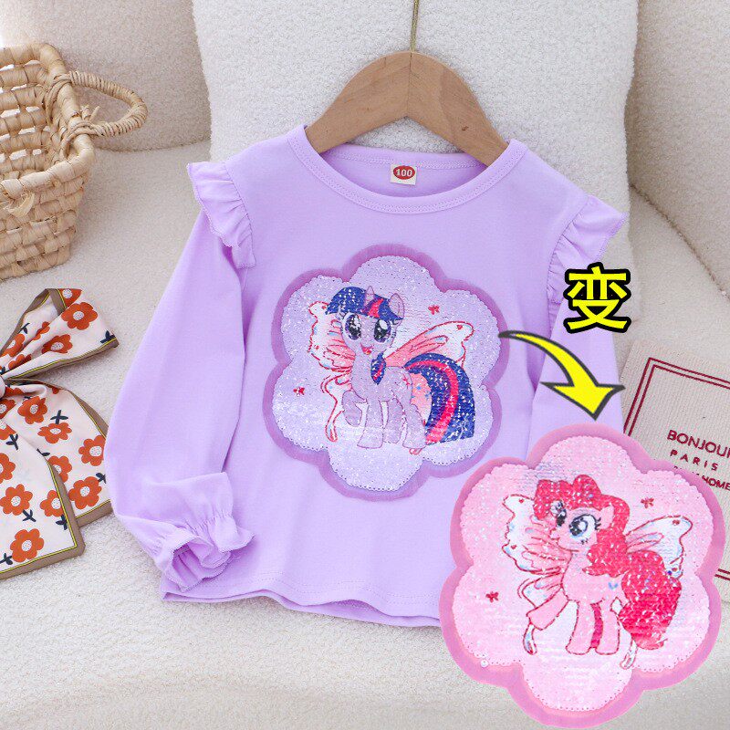 纯棉t恤女童长袖彩虹小马变图案衣服变色变脸闪亮片爱沙库洛米T潮